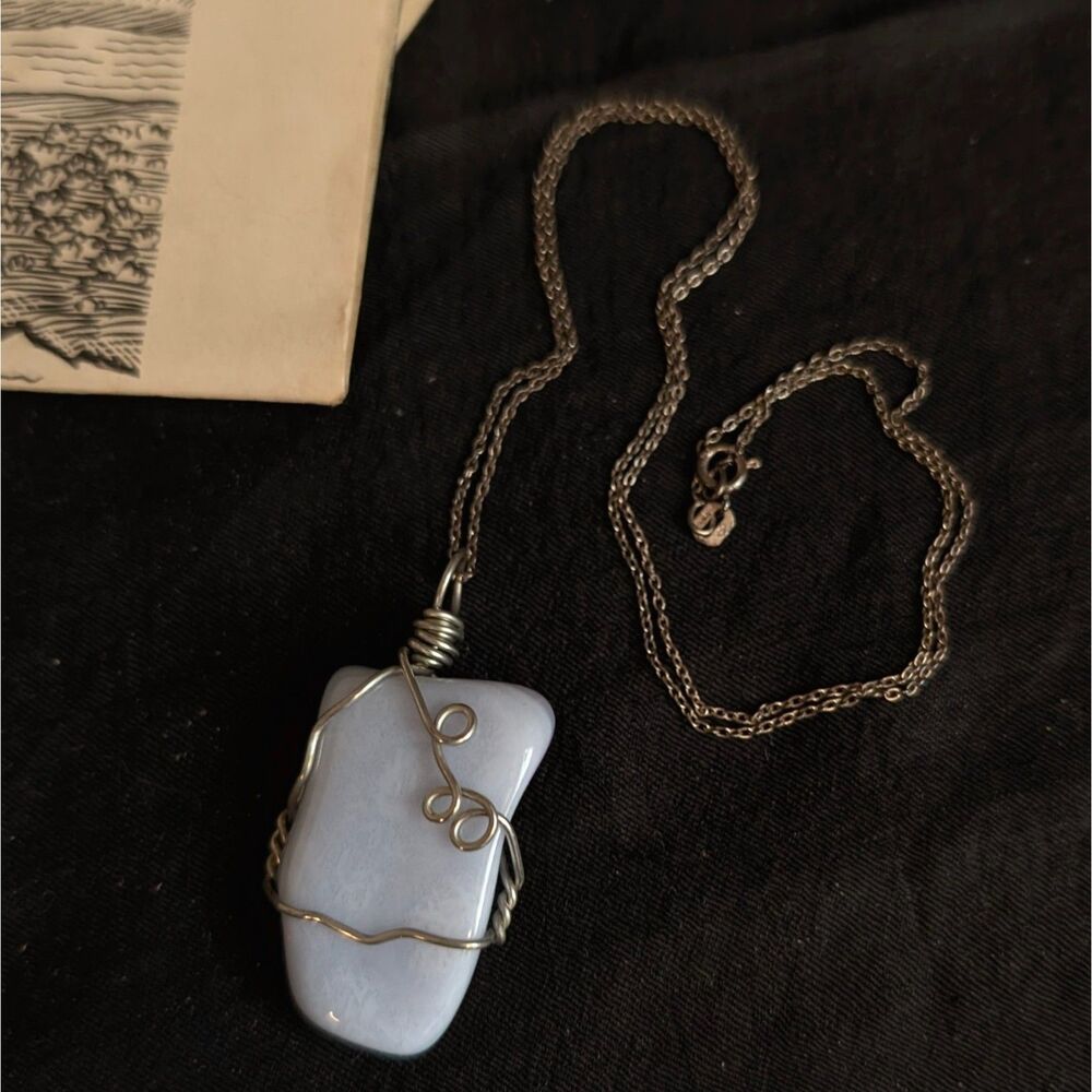 Blue Lace Agate Pendant Necklace Sterling Silver Wire Wrapped